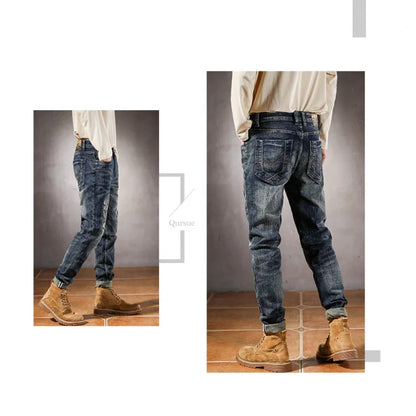 2024 New Fashion Personalized Designer High-end Men's Jeans Vintage Washed Blue Stretch Slim Hole Patch Jeans Hombre