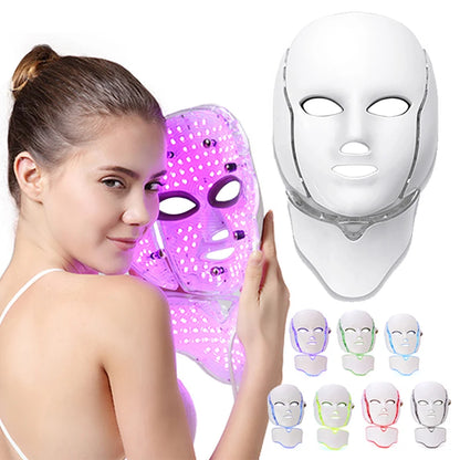 LED Mask Beauty Machine 7 Colors Light with Neck Skin Rejuvenation Whitening Anti Acne Face Lifting Firm Massager Skin Care