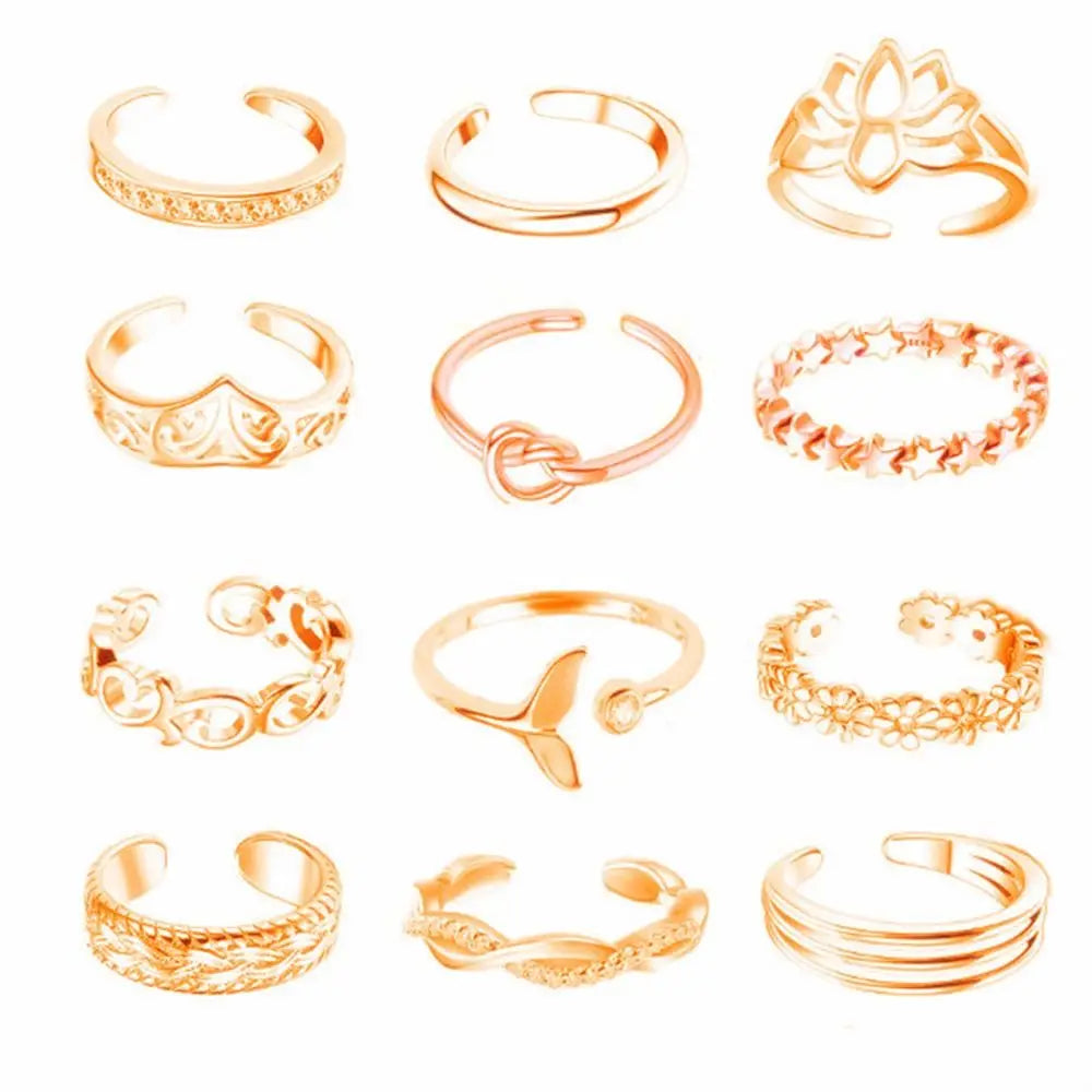 12pcs Alloy Toe Ring Set Women Toe Open Ring Beach Foot Accessories Foot Ring Fashion Jewelry