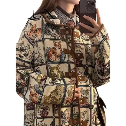 Original Niche American Retro Cat Jacquard Jacket Jacket for Women's 2024 Autumn/Winter New Loose and Lazy Style Top Printed For