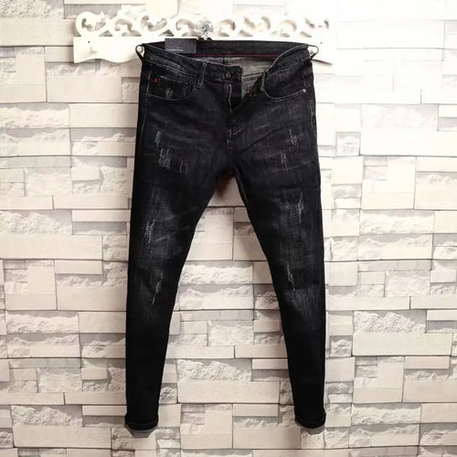 Man's Summer New Elastic Slim Fit Korean Spirit Guy Leggings Skinny Black Denim Jeans Casual Men Designer Ripped Pants