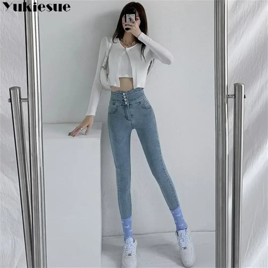 Vintage Korean Style Hollow Out Harajuku Elegant New Streetwear Leisure Jeans Women Pocket Skinny Pencil Jeans Button Slim Women