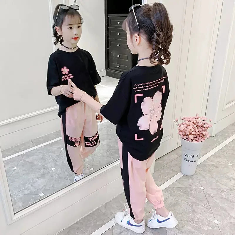 2024 summer girls Clothes Child Sports Suit Teen tracksuit flower t shirt tops + Ankle-tied pants striped 4 5 7 8 10 11 12 years