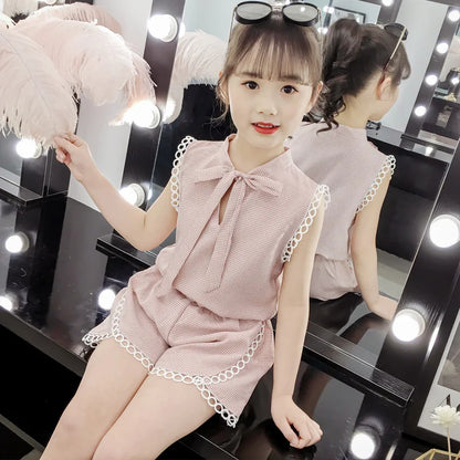 2024 Summer Clothes For kids Girls Cute Plaid Lace T Shirt + Shorts pants Teenager Outfits Casual 3 4 5 6 7 8 to 10 11 12 year