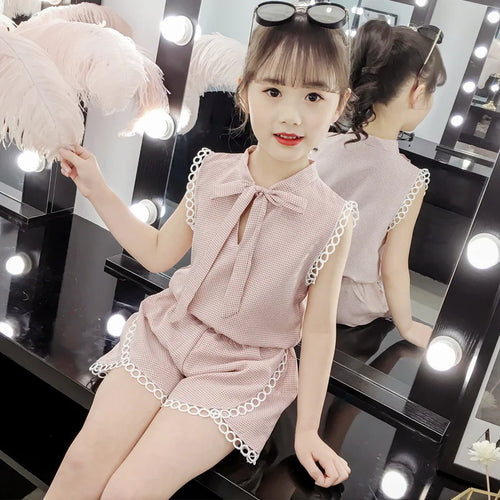 2024 Summer Clothes For kids Girls Cute Plaid Lace T Shirt + Shorts pants Teenager Outfits Casual 3 4 5 6 7 8 to 10 11 12 year