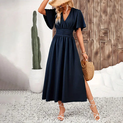 Women Dress Long Fashion Vacation Party Dresses Short Sleeve V-neck