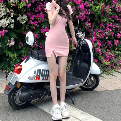 Sweet White Pink Dress Women Polo Dresses Slim Short Dress