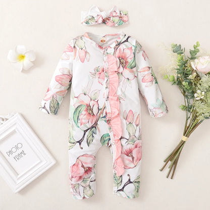 Newborn Baby Girl Romper Floral Ruffle Side Long Sleeve Bodysuit with Bowknot Headband Girls Fashion Jumpsuit for 0-18 Months