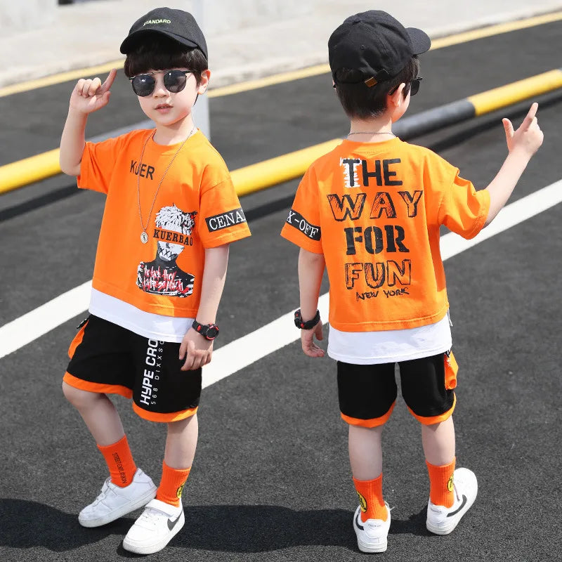 2pcs 2024 hip hop Children Summer Boys print Clothes Set T shirt + Pants Casual Sports Kid Tracksuit Teen 4 6 8 to 9 10 12 Years