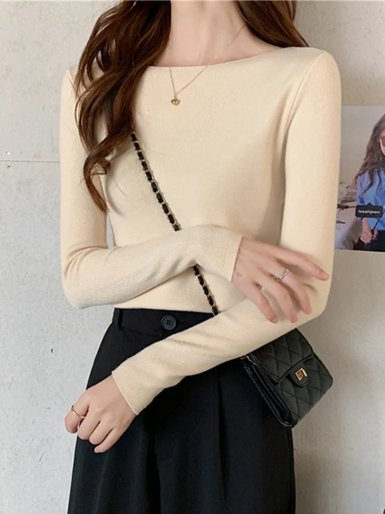 Winter Women Sweaters Slash Neck Slim Knitted