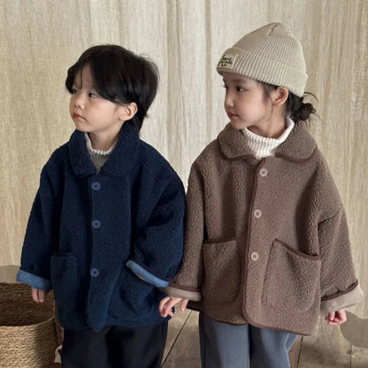 2024 Autumn Winter Baby Solid Plus Velvet Thicken Pockets Warm Jacket Kid Boy Simple Casual Tops Girl Children Loose Retro Coat