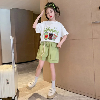 Children's Top and Bottom Clothes Set Korean Version 2024 Summer New Trendy Girls Cartoon Letters Short-sleeved Two-piece Set