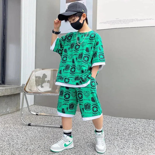 2022 teenage Boy Set kid clothing Suit Cotton Summer Outing Clothes Top Shorts 2PCS Clothing for Children's 8 10 12 14 years