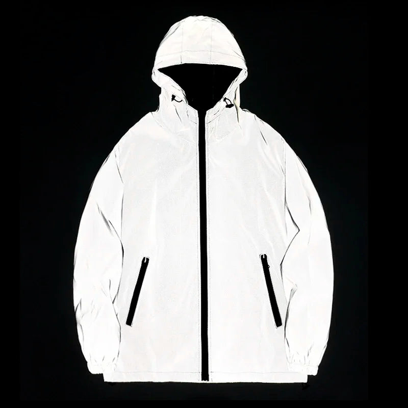 New Night Reflective Jackets Double Fabric Windbreaker Hooded Jacket Men Hip Hop Dancer singer Waterproof Zipper Coats Outwear