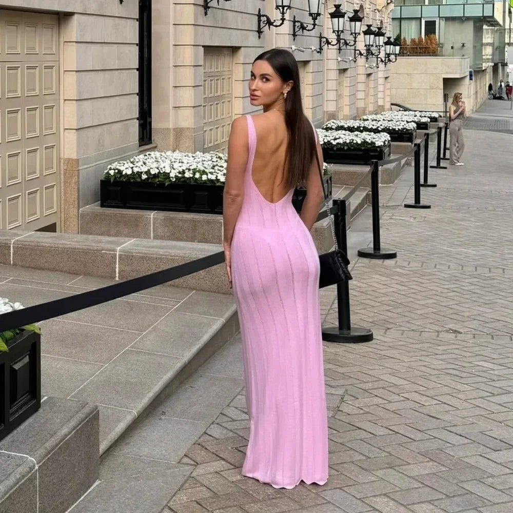 Pink Knitted Summer Dress Women Sexy Backless Slim Maxi Holiday Beach Dresses Elegant Hollow Out Solid Causal Long Dress 2024