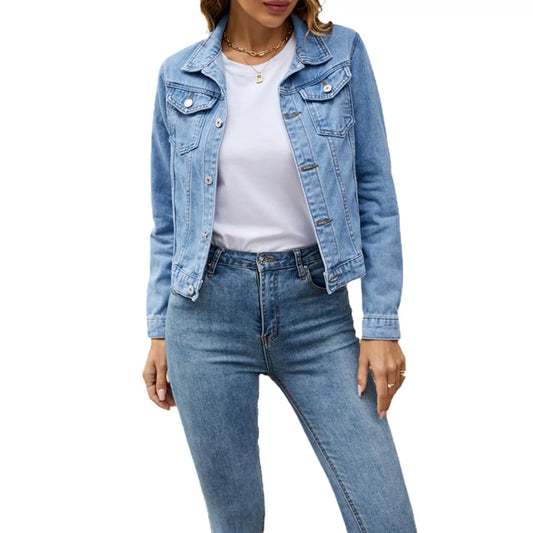 Jean Jacket For Women Fashion Casual Denim Jacket Long Sleeve Button Down Chest Pockets Coat Daily Streetwear