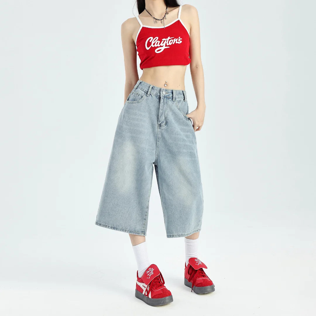 High-waisted Wide-leg Denim Shorts for Women Summer Baggy Mid-length Jeans Pants Solid Casual Y2k Clothing Streetwear Plus Size