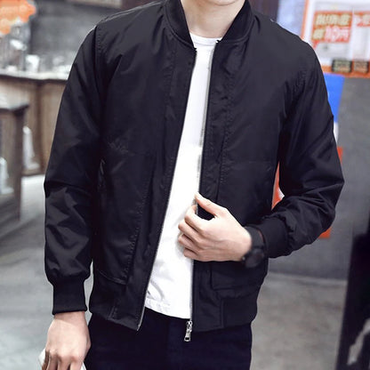 Modern Black Slim Fit Stand Collar Jacket Coat for Men, Thin and Lightweight, Long Sleeve, Sizes M~2XL, Made of Polyester