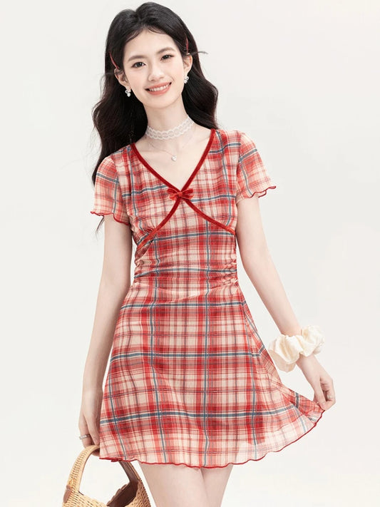 ADAgirl Vintage Red Plaid Women Dress with Bow Mesh Knitting Short Sleeve V-neck Sheath Dress Summer Slim Robe Cute Sweet Girl