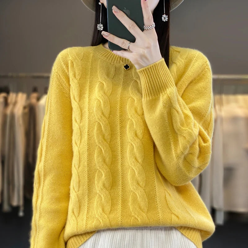 100% Wool Winter Thick Women Sweaters Solid Casual Jumper Female Pullover Long Sleeve O-Neck Large Size Tops Knit Loose Clothes