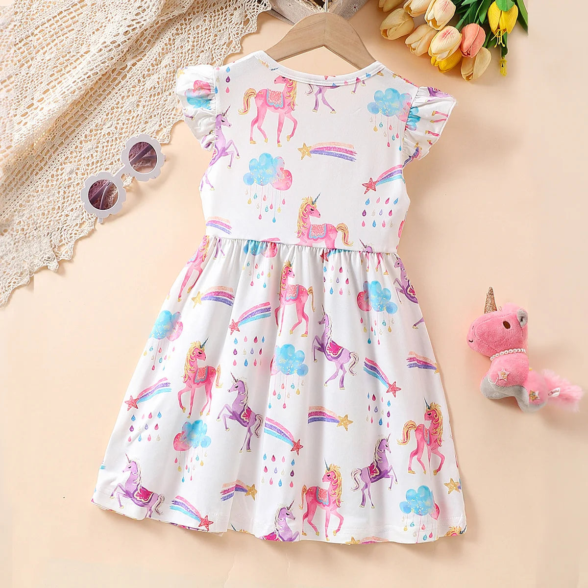 Summer Cute Girl Dresses Cartoon Unicorn Pattern Flying Sleeve Kids Girls Party Dresses 2 To 8 Years Kids Casual Clothes