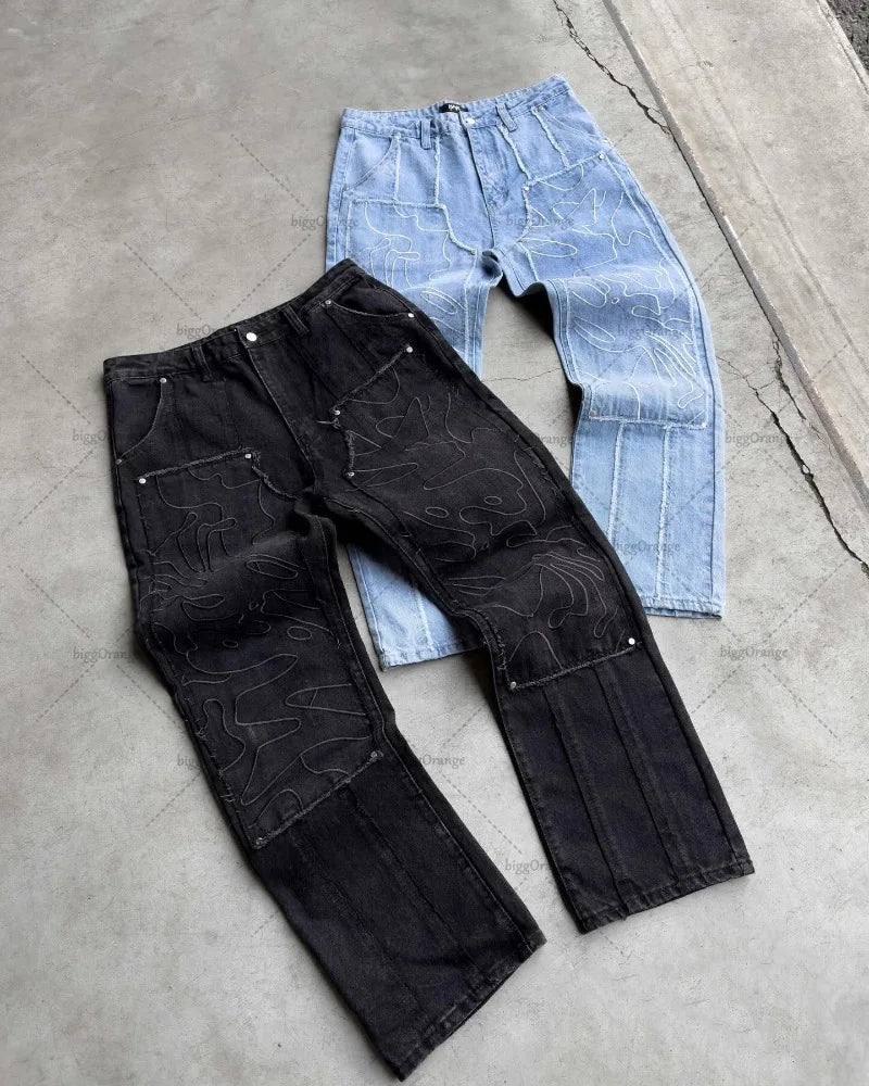 European and American Washed Oversized Jeans Y2K Harajuku Street Personality Embroidery High Waist Straight Wide Leg Pants Men