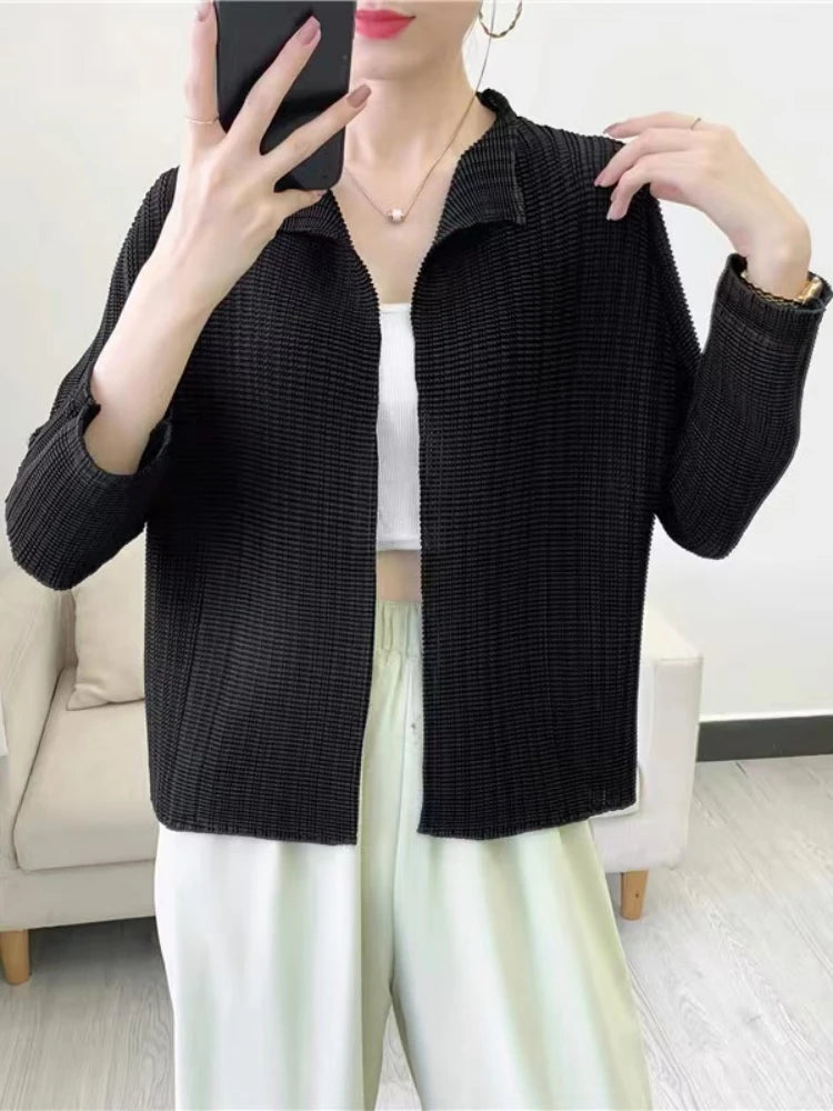 Pleated Cardigan Women Solid Color Non-Button Short Coat Female Spring Summer Fashion Long Sleeve Sun Protection Clothing