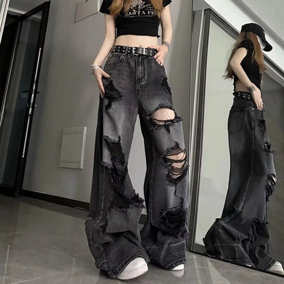 Vintage High Waist Denim Pants Ripped Jeans Women Fashion Loose Wide Leg Straight Pants Y2k Washed Streetwear Female