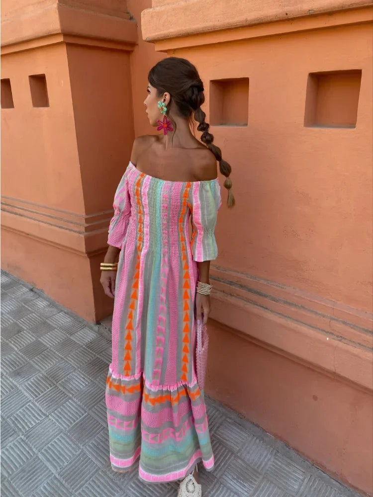 Fashion Colorful Stripe Print Long Dress Women Elegant Off Shoulder Half Sleeved Ruffles Hem Dresses Summer Lady Street Robes