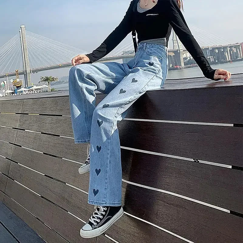 Jeans Women Wide Legs Baggy Jeans Streetwear Chic Design Peach Heart High Waist Loose Female Straight Long Pants Drop Shipping