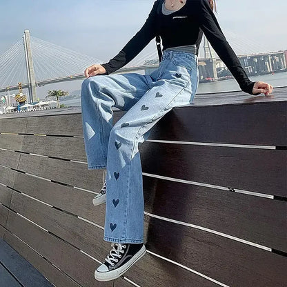 Jeans Women Wide Legs Baggy Jeans Streetwear Chic Design Peach Heart High Waist Loose Female Straight Long Pants Drop Shipping