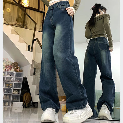 Women Korean Retro High Waist Unisex Straight Leg Jeans