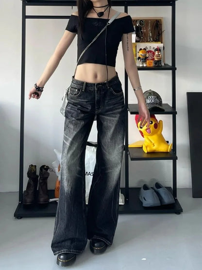 HOUZHOU Grunge Y2k Black Jeans Women Baggy Vintage High Street Oversized Denim Trousers Gothic Gyaru 2000s Acubi Fashion Jeans