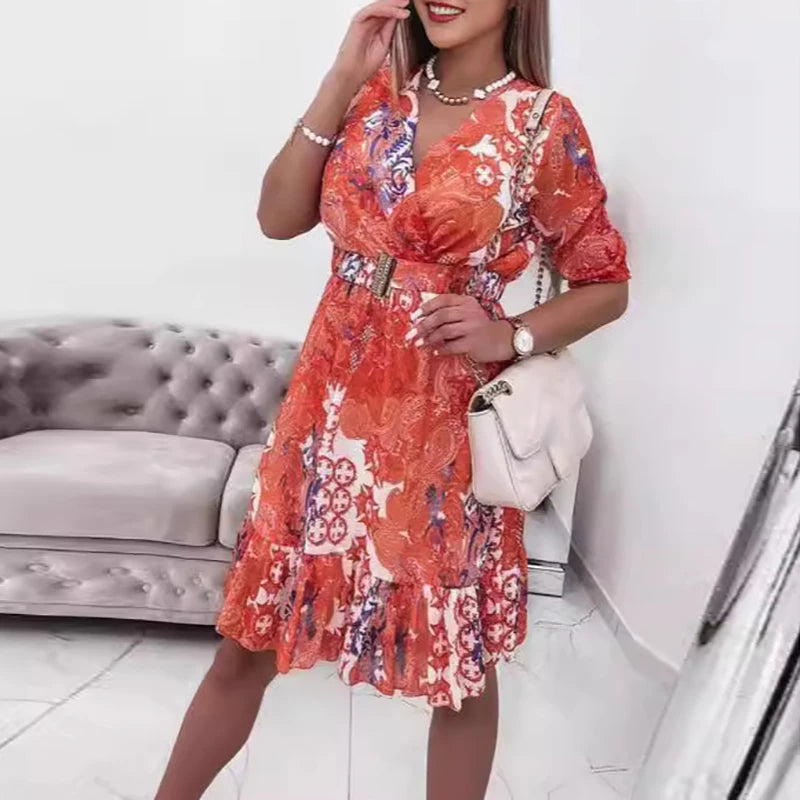 2024 V-neck Bohemian Ruffles Dress Elegant Pattern Printed Short Sleeve Office Dress Commute Spring Women Midi Dresses Ladies