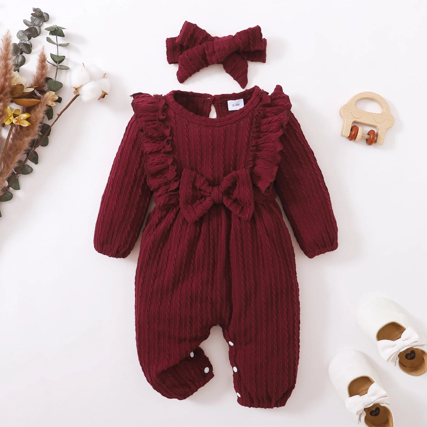 New Long Sleeve Rompers Baby Girls Spring & Autumn Jumpsuit Newborn Clothes Solid Ruffled Clothing with Headband Baby Clothing