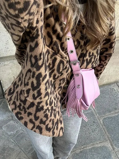 Elegant Leopard Print Woolen Jacket For Women Chic Lapel Long Sleeves Single Breasted Coats Spring Female High Streetwear 2024