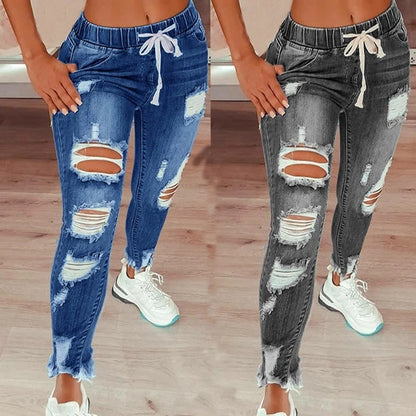 Fashion Women Ripped Jeans New Drawstring Sweet Wear Hole Denim Pants