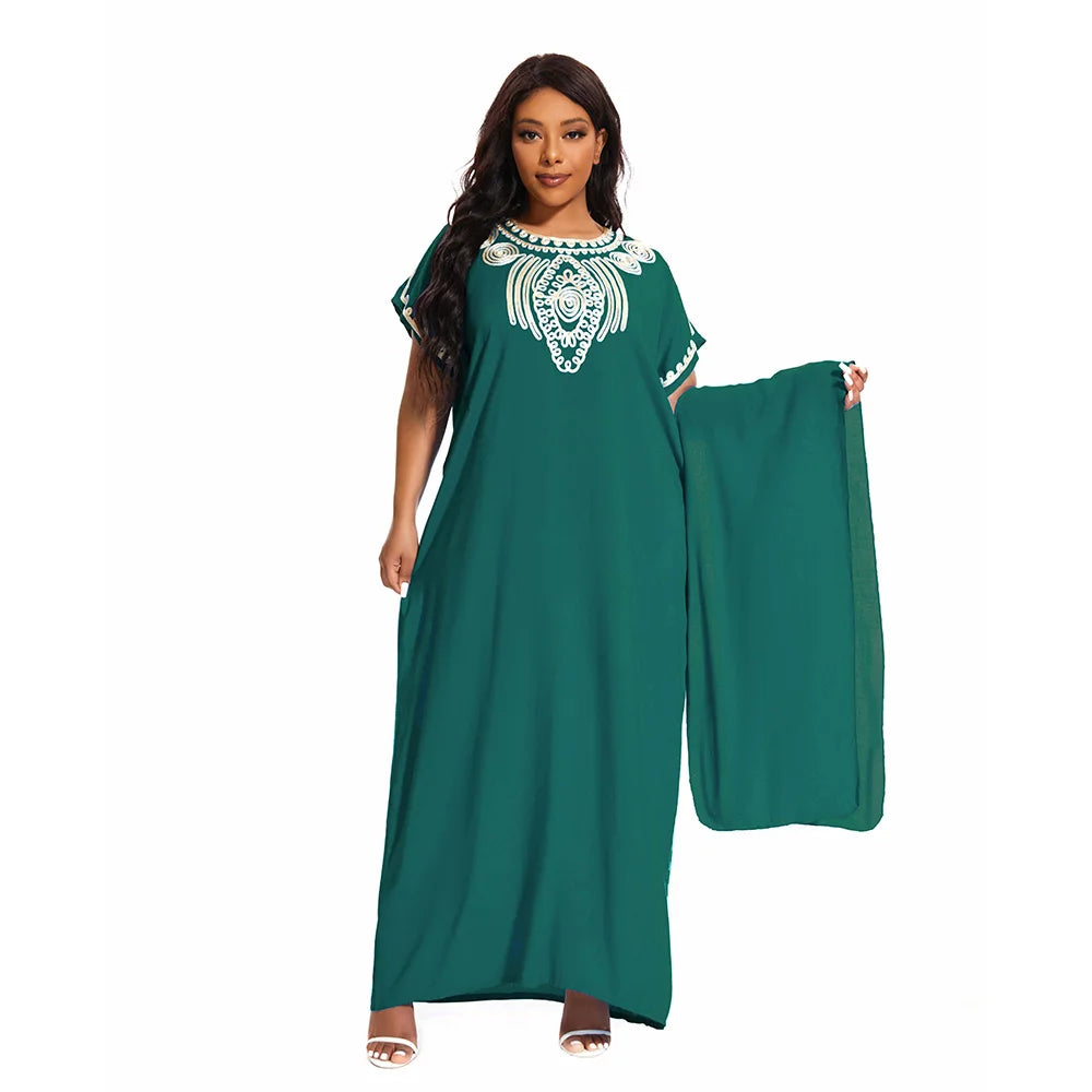 Abayas For Women Dubai Kaftan Cotton O-neck Jilbab Embroider Robe African Loose Traditional Long Dresses With Turban Plus Size