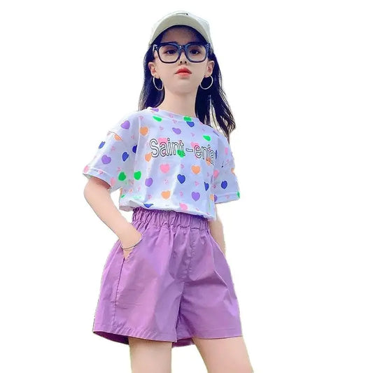 Summer Suit for Girls 2023 New Baby Short Sleeve T-shirt + Loose Shorts Two-piece Set Children Cute Clothing 4 6 8 10 12