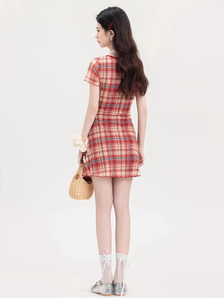 ADAgirl Vintage Red Plaid Women Dress with Bow Mesh Knitting Short Sleeve V-neck Sheath Dress Summer Slim Robe Cute Sweet Girl