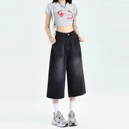 High-waisted Wide-leg Denim Shorts for Women Summer Baggy Mid-length Jeans Pants Solid Casual Y2k Clothing Streetwear Plus Size