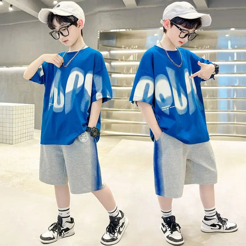 Boys Summer 2pcs Hiphop Style Leisure T-shirts+Pants Short Sleeved Suits 4-14 Years Teenage Korean Style Kids Streetwear Clothes