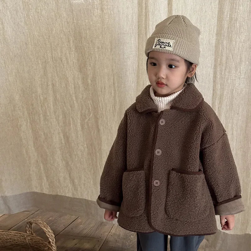 2024 Autumn Winter Baby Solid Plus Velvet Thicken Pockets Warm Jacket Kid Boy Simple Casual Tops Girl Children Loose Retro Coat