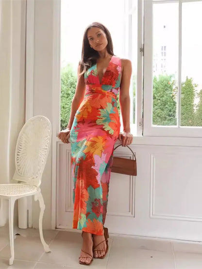 Summer New Printed Long Dresses Women Fashion Sexy Deep V-neck Backless Leace-up Slim Slit Dress Lady Trendy Streetwear Vestidos