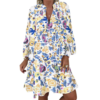 V Neck Long Sleeve Floral Print Dress Short Dress for women