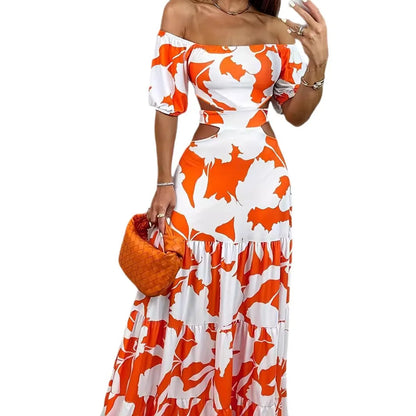 Summer European and American style women's printed one line collar, elastic waist, large hem long dress, vacation dress