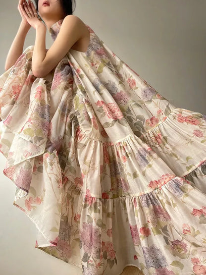 Elegant Halter Floral Long Dresses for Women Summer New Printed Sleeveless A-line Loose Party Dress Prom Robe Vestidos Mujer