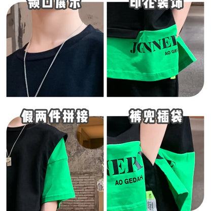 Kids Clothes Boy Contrast Sleeve Fake Two Pieces T-Shirt & Shorts 2 Pieces Set Teenage Summer Street Wear Letter Tracksuit