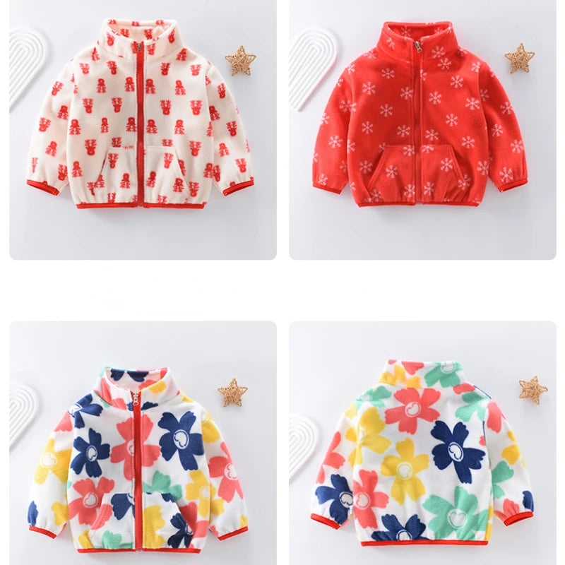 Baby Girls Fleece Coat Kids Cartoon Printed Outerwear Autumn Winter Warm Jacket 1 To 8Yrs Children's Thicken Clothing Casual