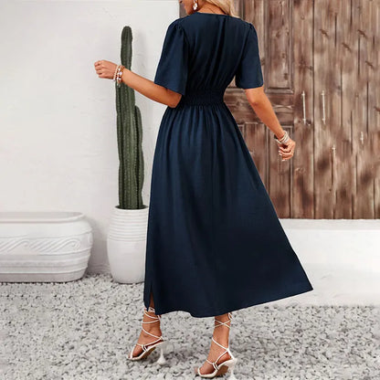 Women Dress Long Fashion Vacation Party Dresses Short Sleeve V-neck